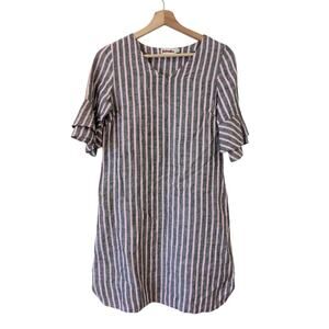 Fabindia Linen‎ Shift Dress Pink Gray XS Ruffle Flare Sleeve Normcore Lagenlook